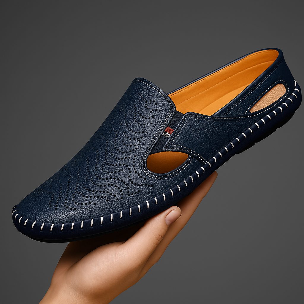 Perforated Leather Slip-On Loafers for Men - Navy Blue