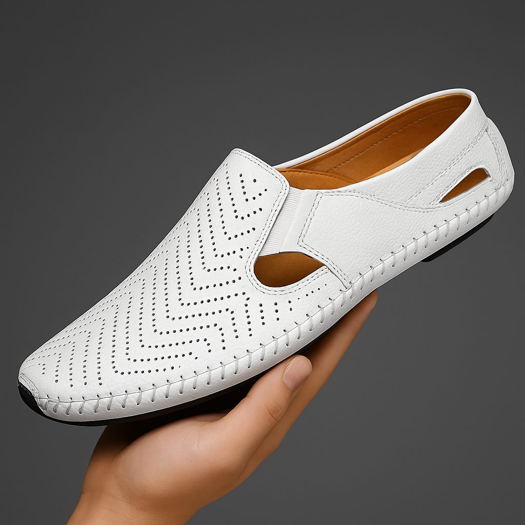 Perforated Leather Slip-On Loafers for Men - White