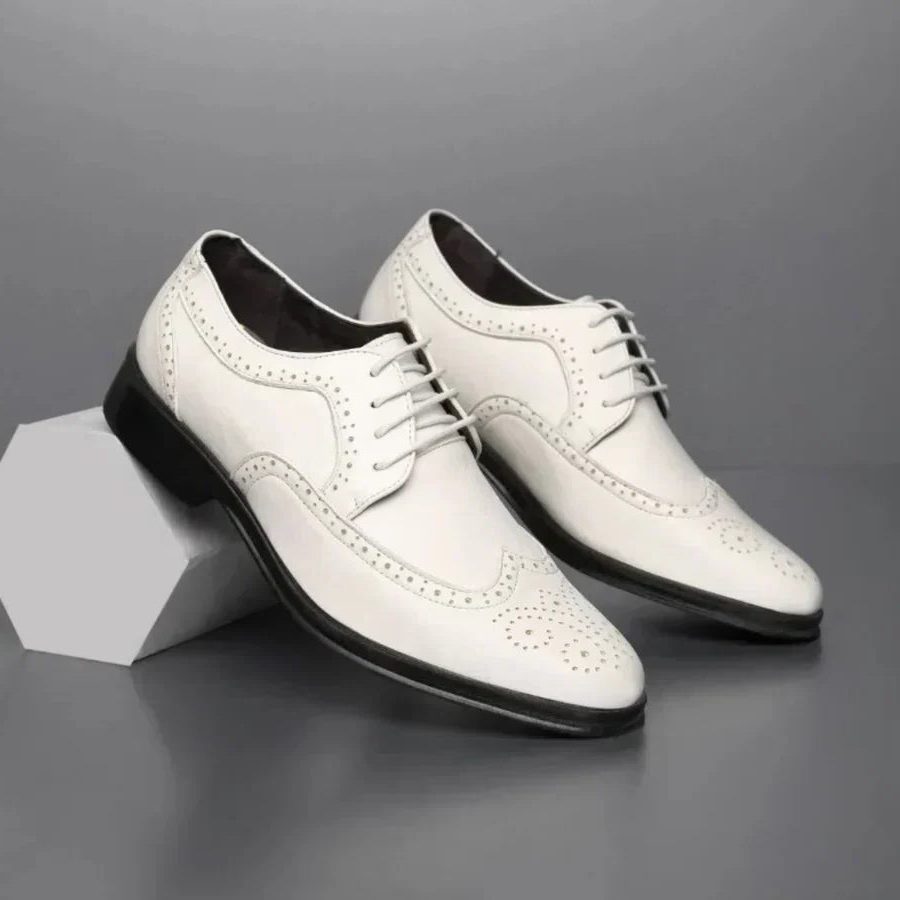 Perforated Wingtip Lace-Up Oxford Shoes for Men - White