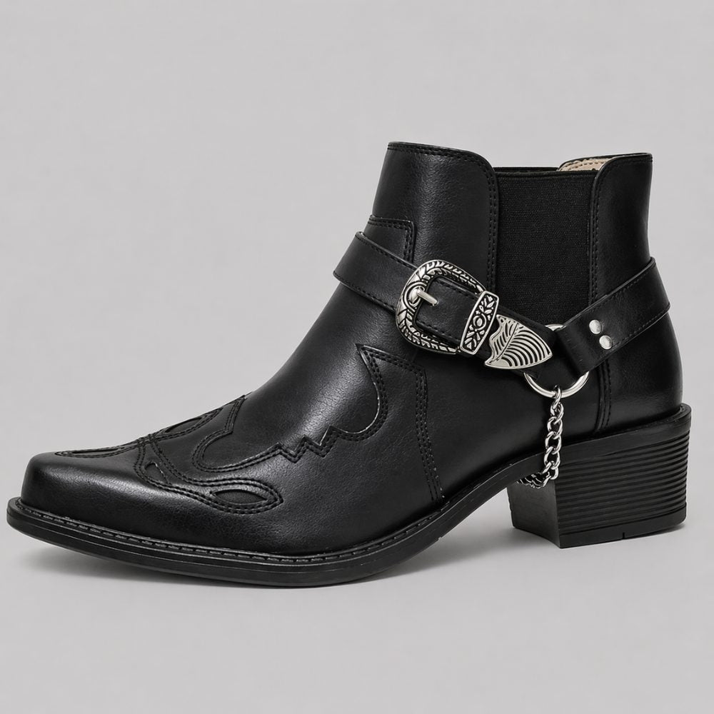 Pointed Toe Leather Western Ankle Boots with Buckle Strap for Men