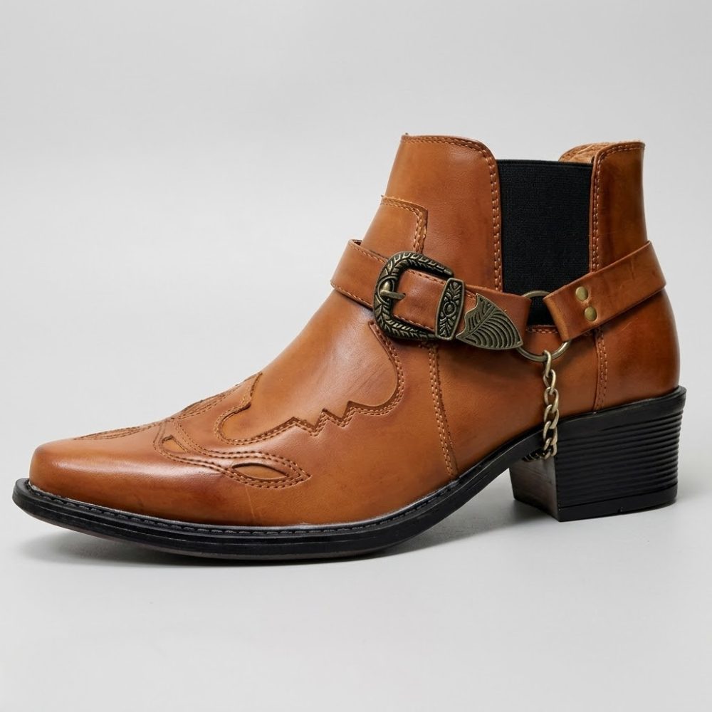 Pointed Toe Leather Western Ankle Boots with Buckle Strap for Men - Brown