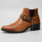 Pointed Toe Leather Western Ankle Boots with Buckle Strap for Men - Brown