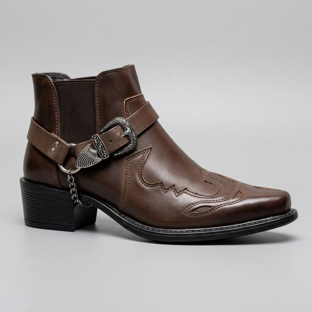 Pointed Toe Leather Western Ankle Boots with Buckle Strap for Men - Dark Brown