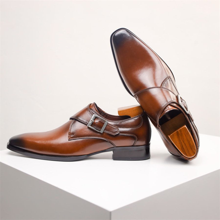 Pointed Toe Monk Strap Leather Formal Shoes for Men