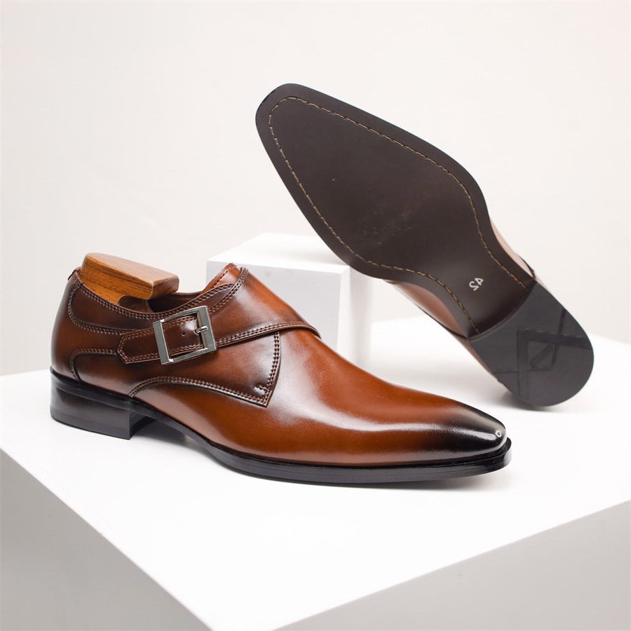 Pointed Toe Monk Strap Leather Formal Shoes for Men - View 2