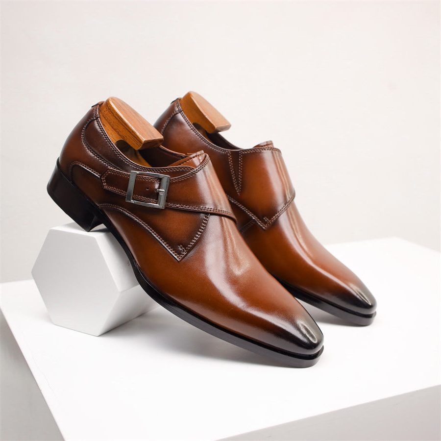 Pointed Toe Monk Strap Leather Formal Shoes for Men - View 3