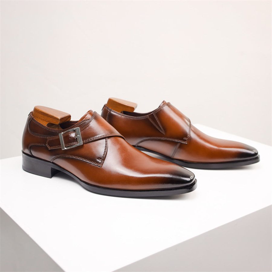 Pointed Toe Monk Strap Leather Formal Shoes for Men - View 4