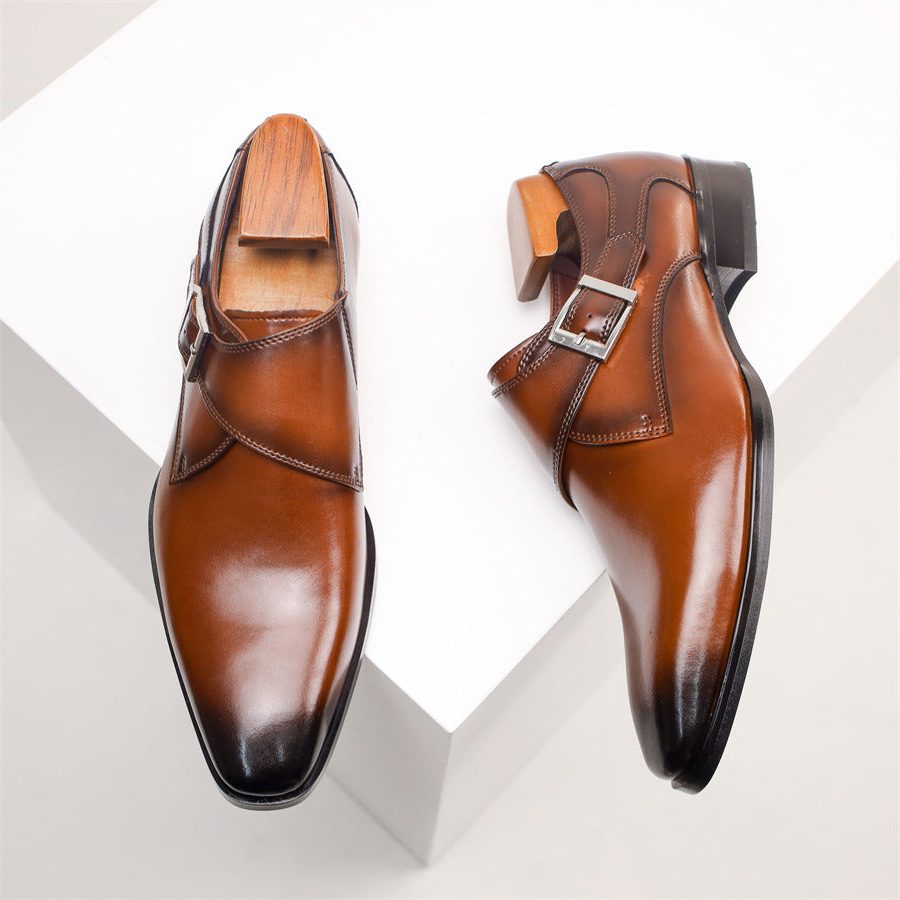 Pointed Toe Monk Strap Leather Formal Shoes for Men - View 7