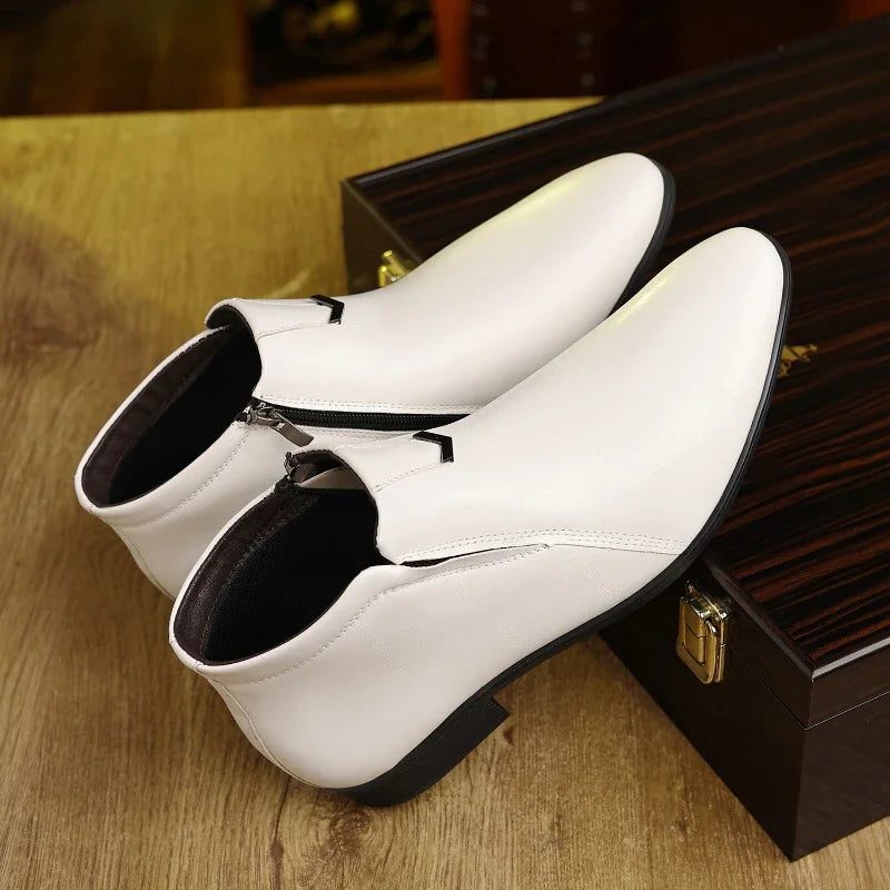 Pointed Toe Side Zip Ankle Dress Boots for Men - White