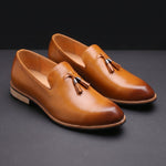 Pointed Toe Slip-On Tassel Loafers with Faux Leather Shoes for Men - Brown