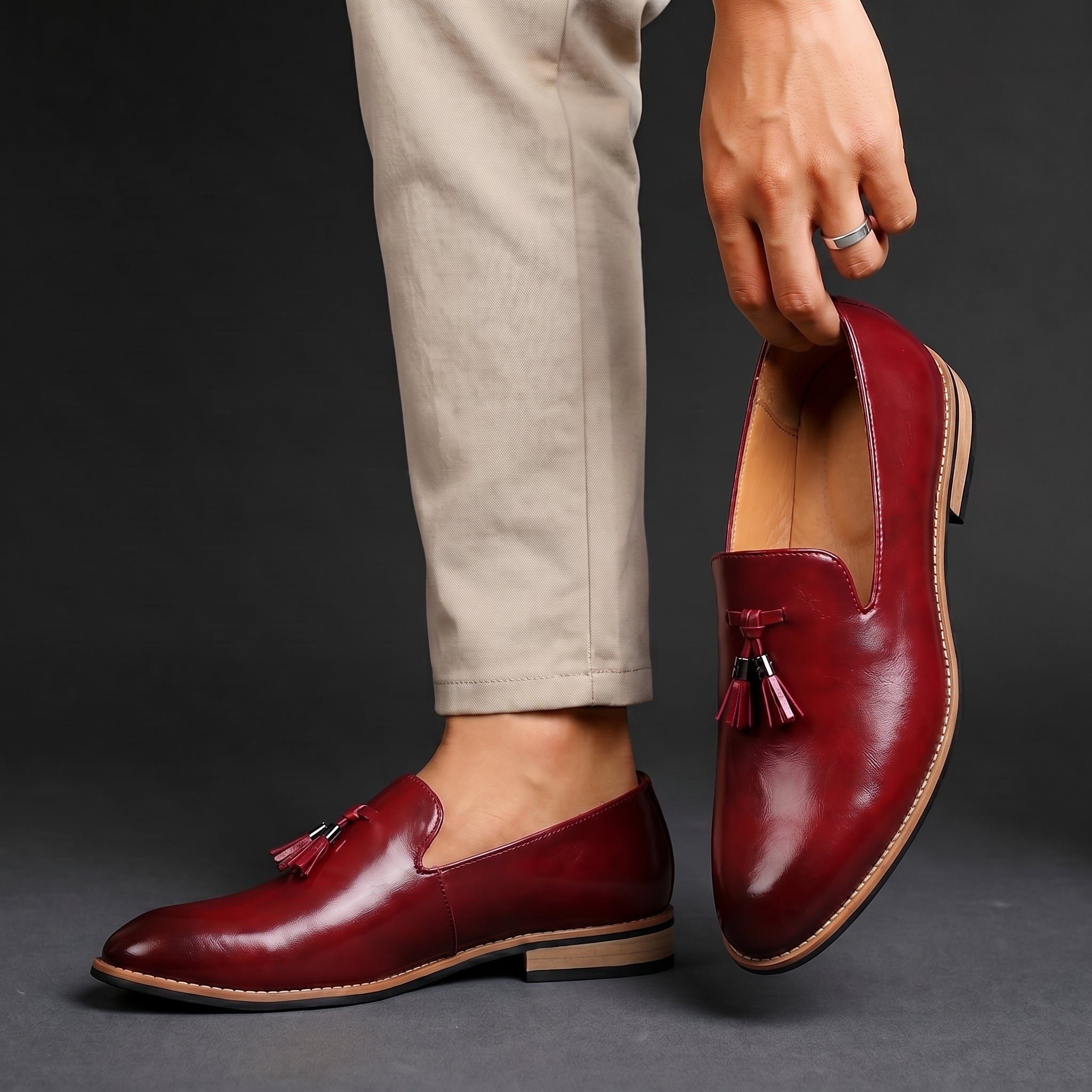 Pointed Toe Slip-On Tassel Loafers with Faux Leather Shoes for Men - View 2
