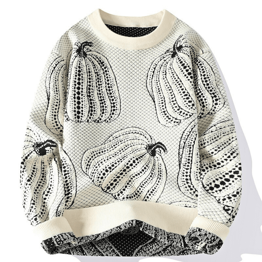 Pumpkin Pattern Knit Sweater with Crew Neck for Men