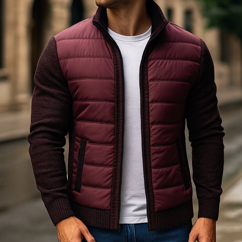 Quilted Puffer Jacket with Fleece Contrast Sleeves Winter for Men - Burgundy