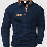 Quilted Textured Long Sleeve Polo Shirt for Men - Dark Blue