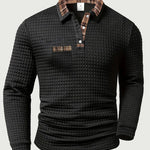 Quilted Textured Long Sleeve Polo Shirt for Men - Black
