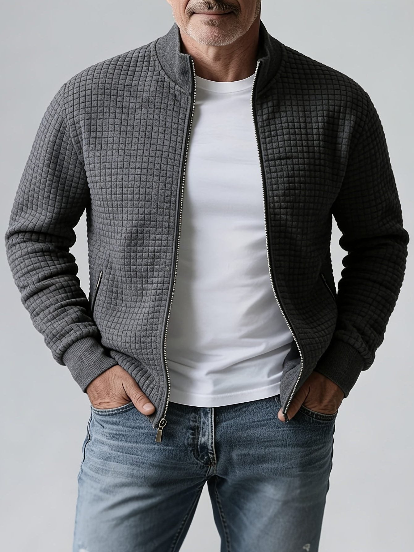 Quilted Zip-Up Jacket with Stand Collar for Men