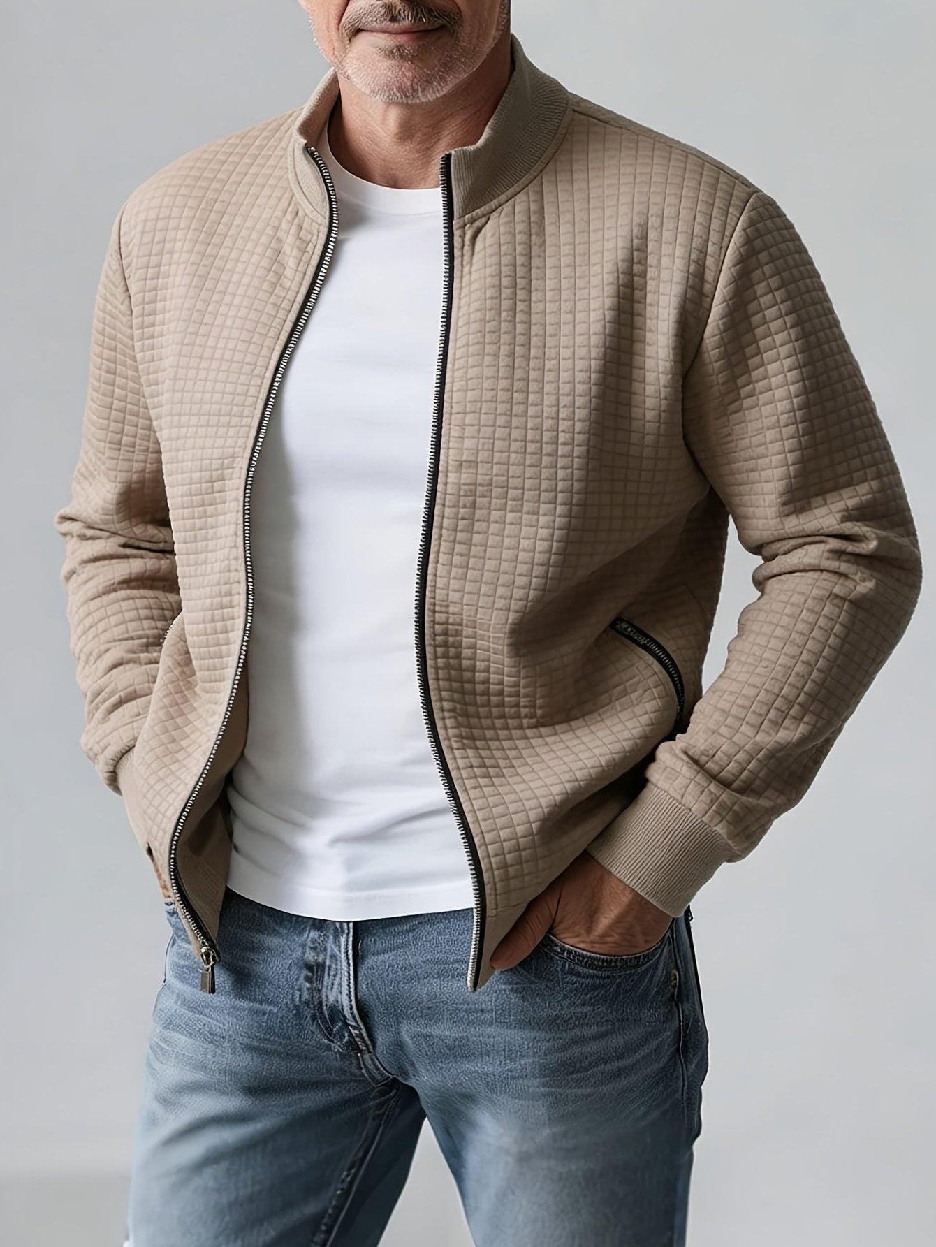 Quilted Zip-Up Jacket with Stand Collar for Men - Aprikose