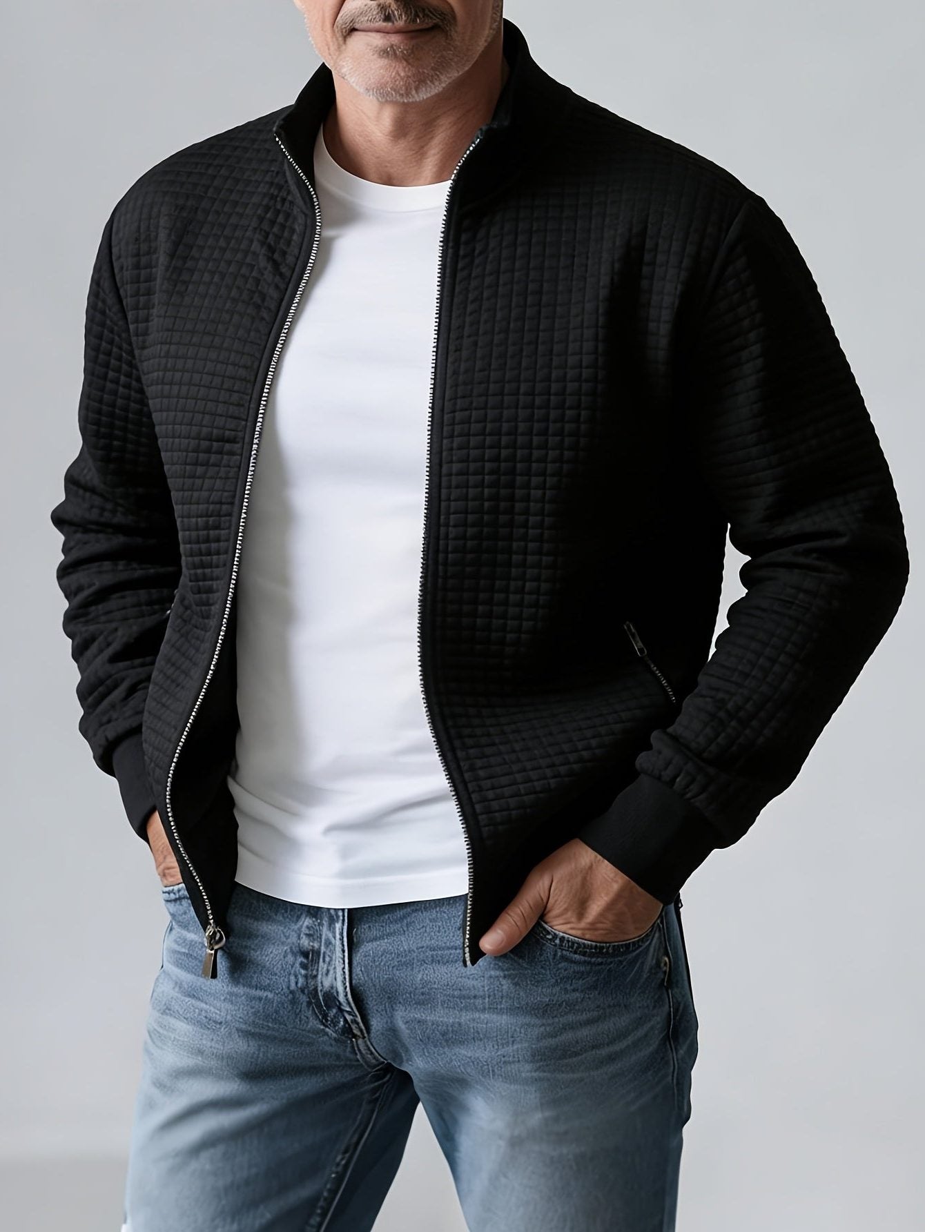 Quilted Zip-Up Jacket with Stand Collar for Men - Schwarz