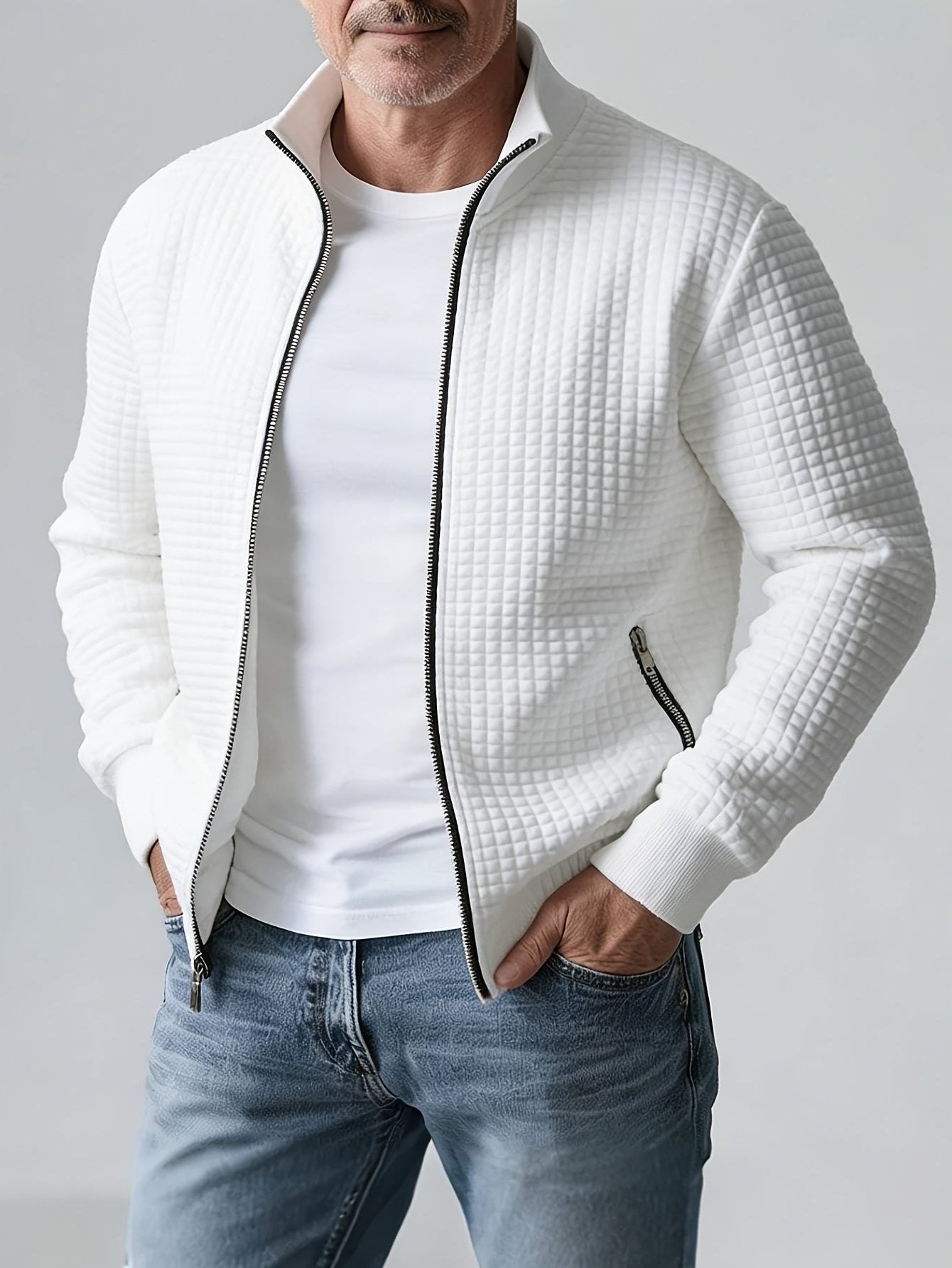 Quilted Zip-Up Jacket with Stand Collar for Men - Weiß