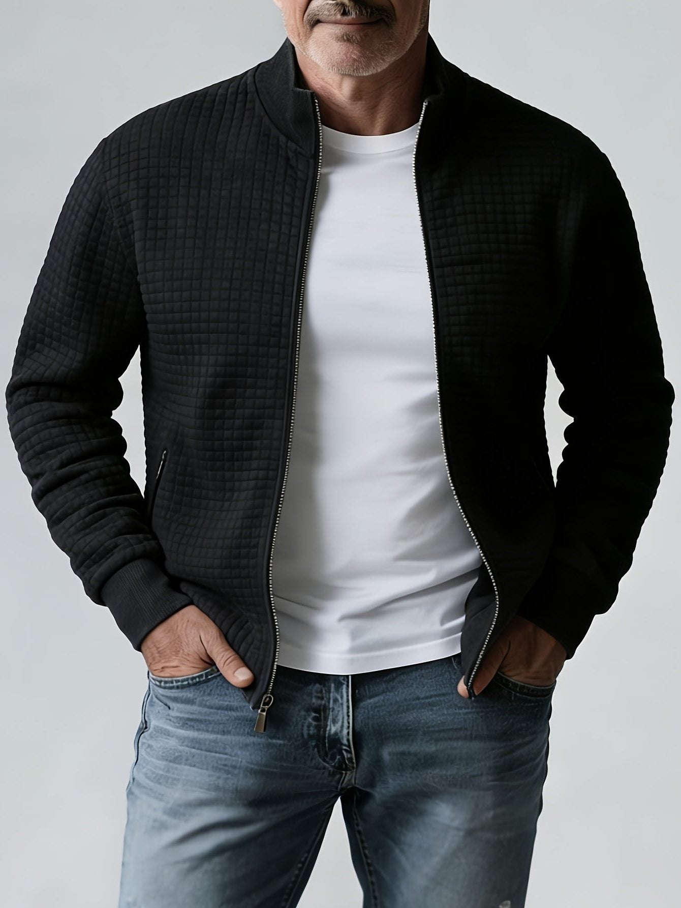 Quilted Zip-Up Jacket with Stand Collar for Men - View 3