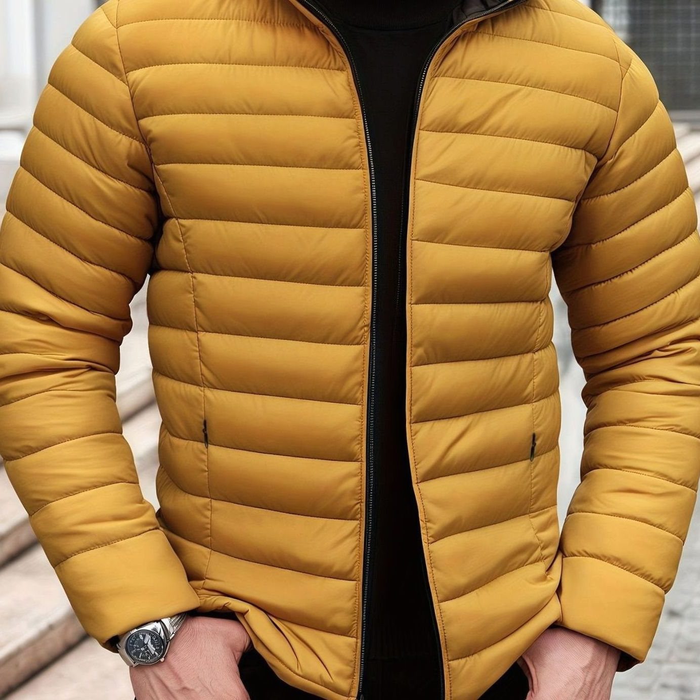 Quilted Zip-Up Puffer Jacket for Men