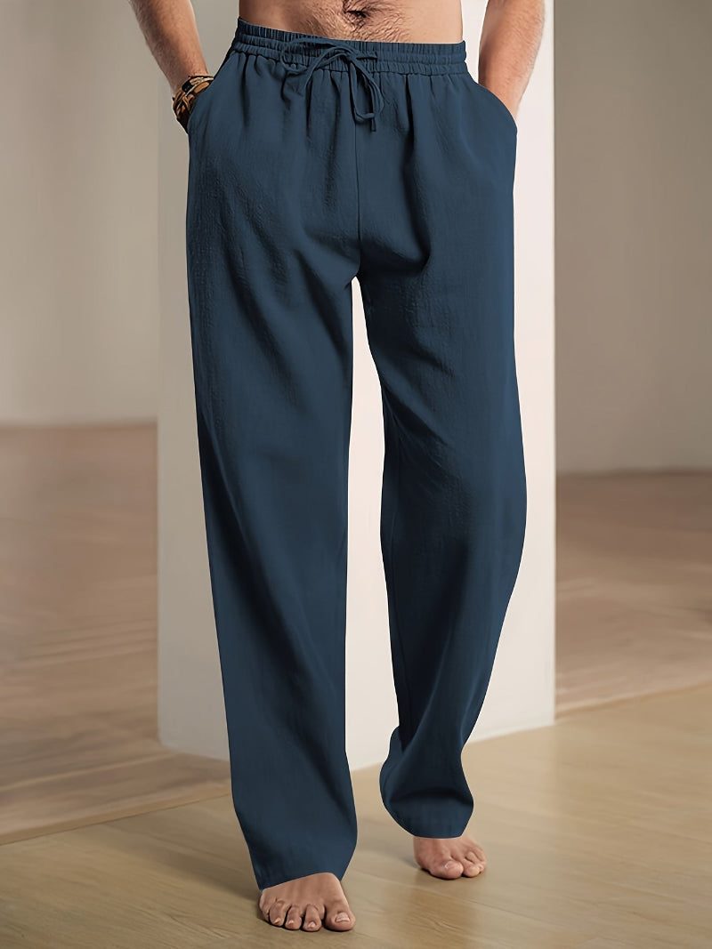 Relaxed Fit Drawstring Straight Leg Trousers for Men - Navy Blue