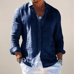 Relaxed Fit Linen Long Sleeve Shirt for Men - Navy Blue