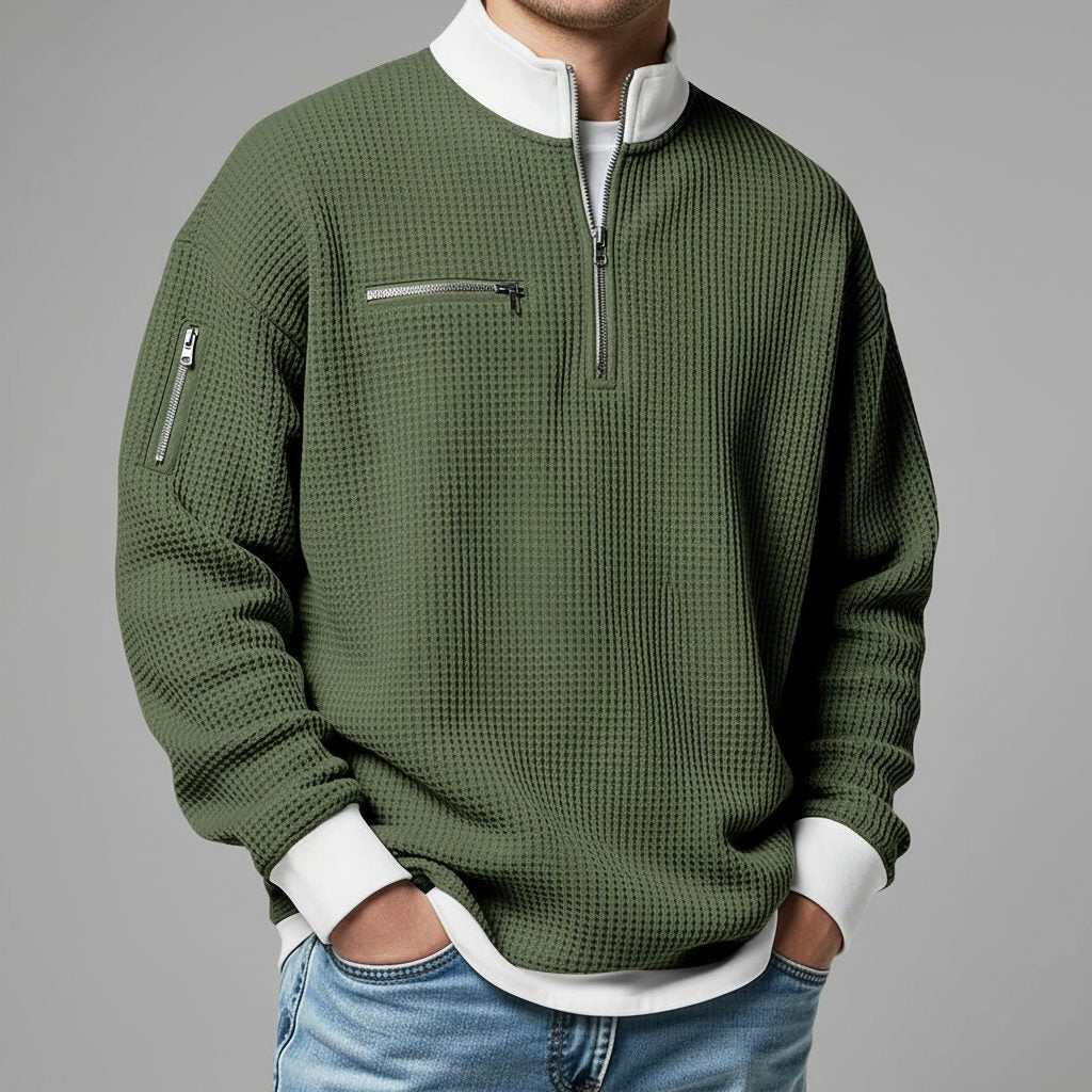 Relaxed Fit Waffle Knit Quarter-Zip Mock Neck Sweater for Men