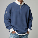Relaxed Fit Waffle Knit Quarter-Zip Mock Neck Sweater for Men - Royal Blue