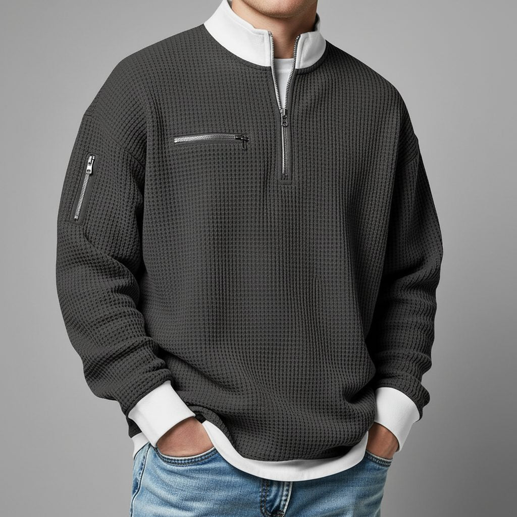 Relaxed Fit Waffle Knit Quarter-Zip Mock Neck Sweater for Men - Slate Gray