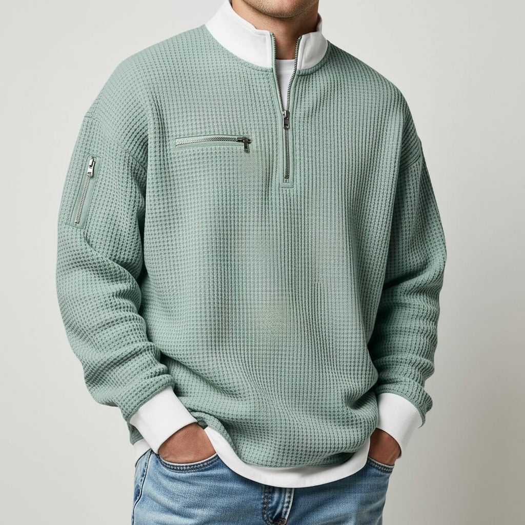 Relaxed Fit Waffle Knit Quarter-Zip Mock Neck Sweater for Men - Sea Foam