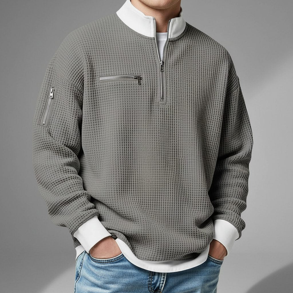 Relaxed Fit Waffle Knit Quarter-Zip Mock Neck Sweater for Men - Light Gray