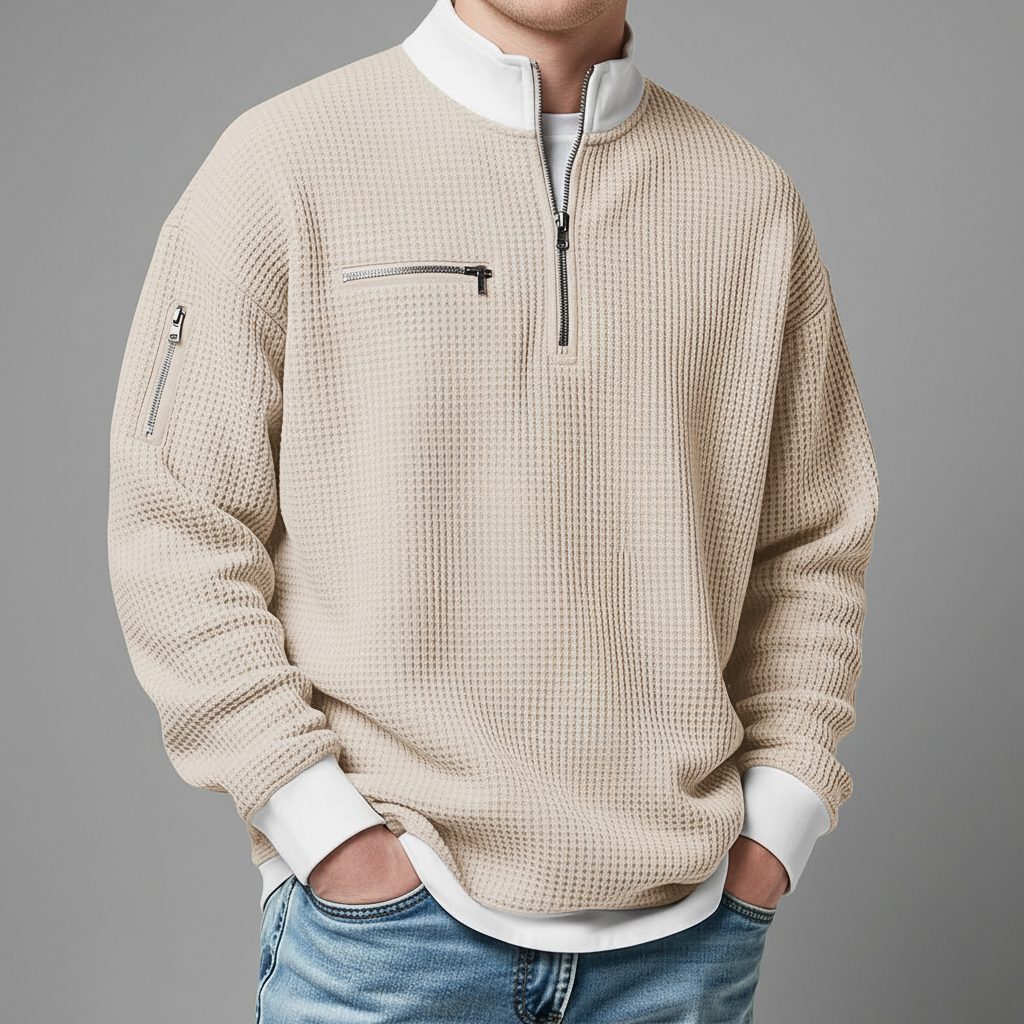 Relaxed Fit Waffle Knit Quarter-Zip Mock Neck Sweater for Men - Beige