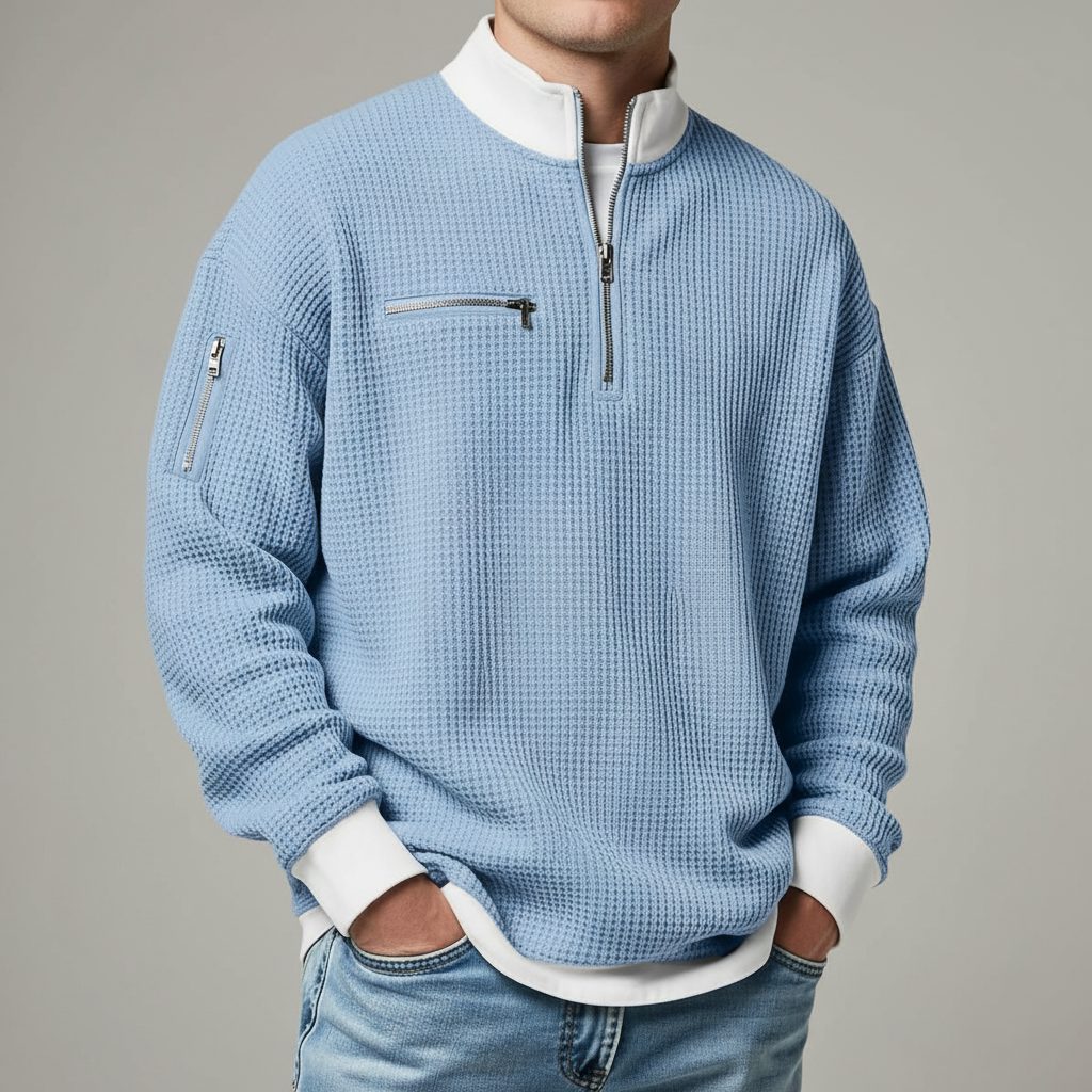 Relaxed Fit Waffle Knit Quarter-Zip Mock Neck Sweater for Men - Carolina Blue