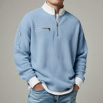 Relaxed Fit Waffle Knit Quarter-Zip Mock Neck Sweater for Men - Carolina Blue