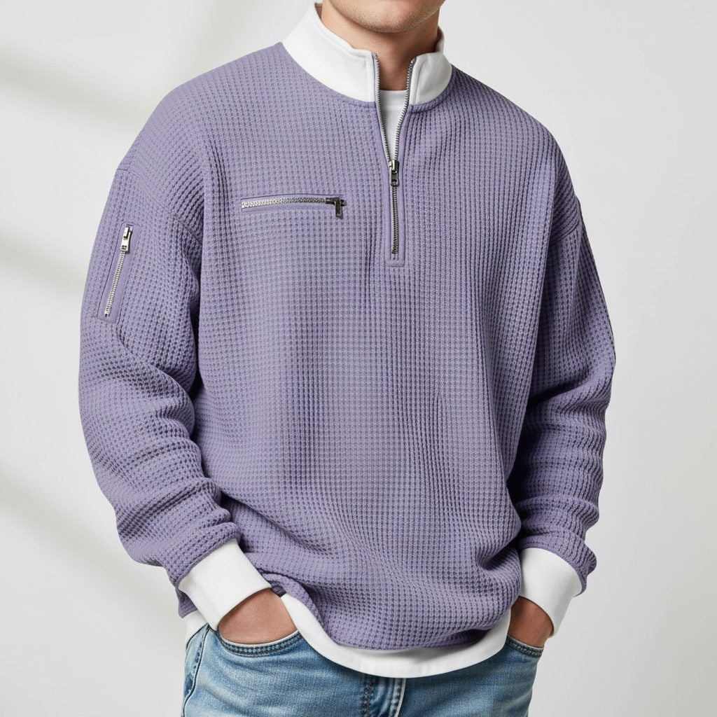 Relaxed Fit Waffle Knit Quarter-Zip Mock Neck Sweater for Men - Lavender