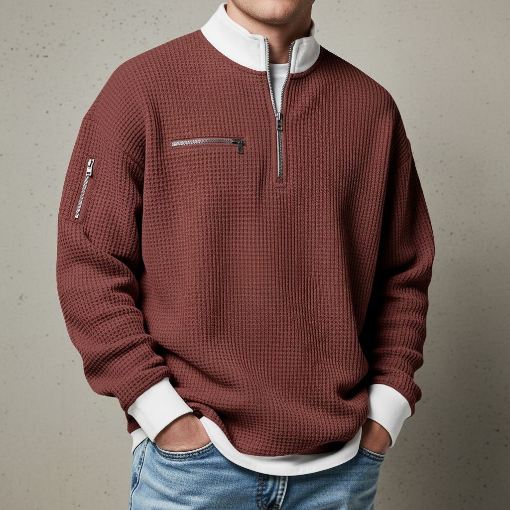 Relaxed Fit Waffle Knit Quarter-Zip Mock Neck Sweater for Men - Maroon