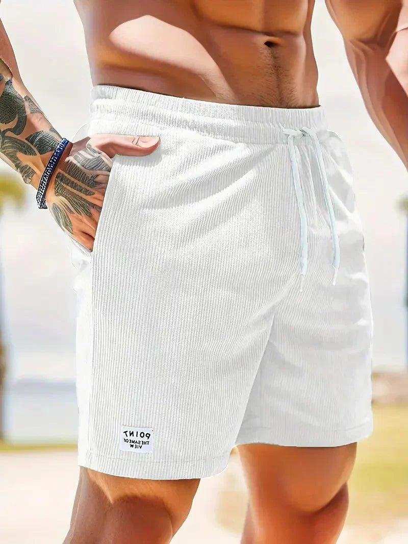 Ribbed Corduroy Shorts with Drawstring for Men - White