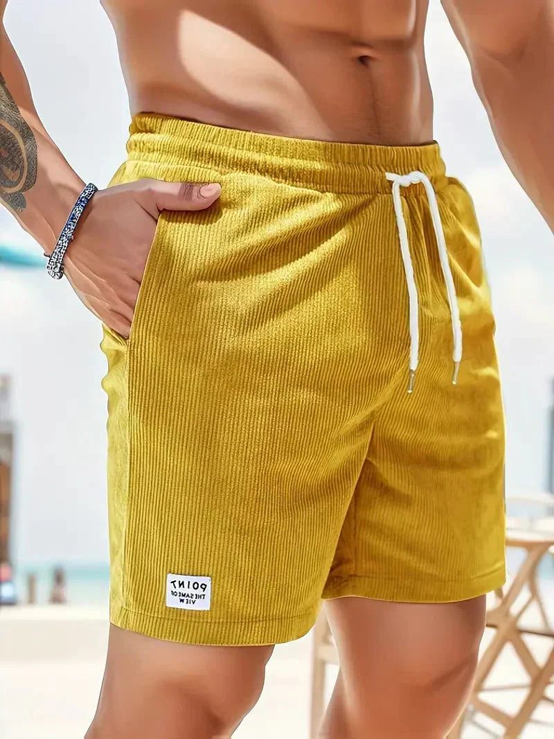 Ribbed Corduroy Shorts with Drawstring for Men - Yellow
