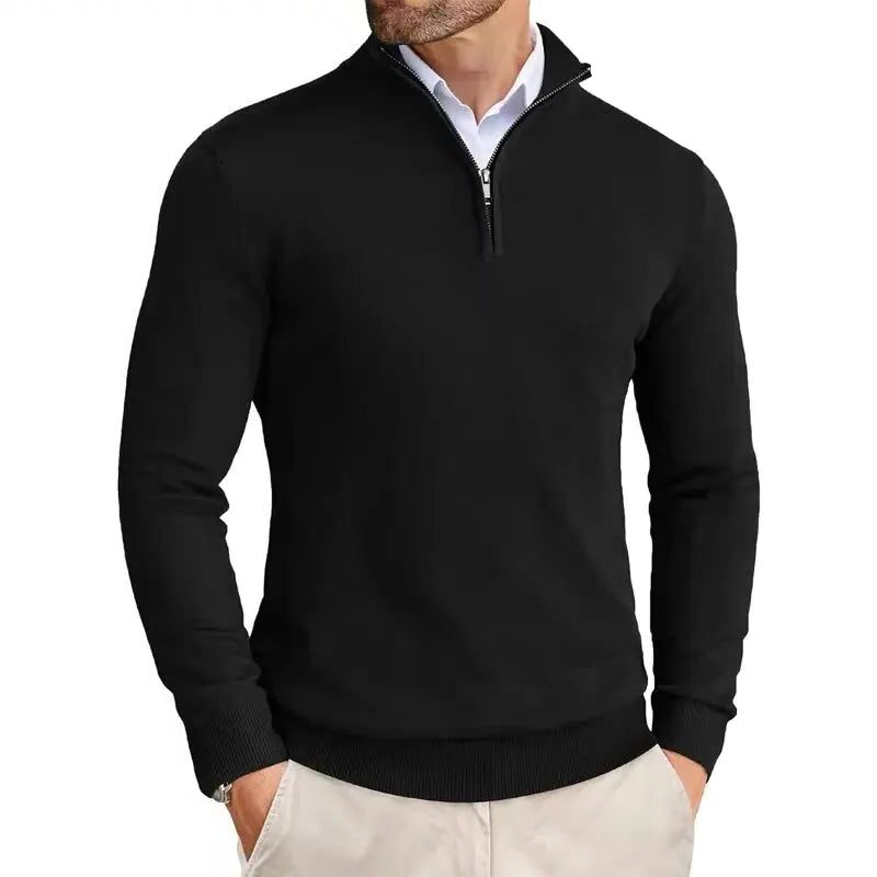 Slim Fit Ribbed Half-Zip Sweater with Stand Collar for Men