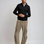 Slim Fit Ribbed Half-Zip Sweater with Stand Collar for Men