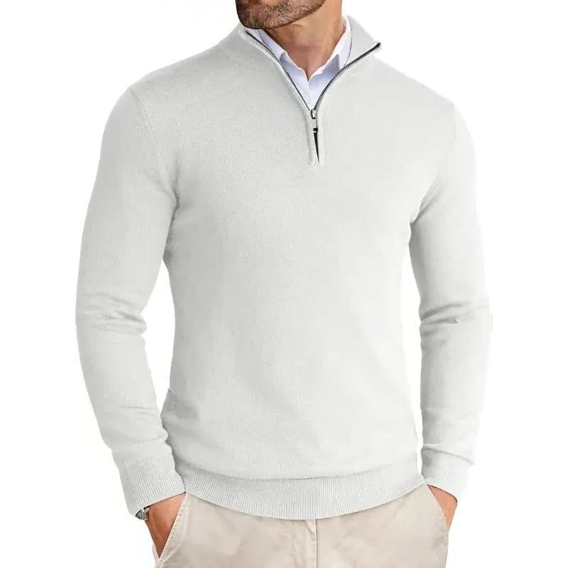 Slim Fit Ribbed Half-Zip Sweater with Stand Collar for Men