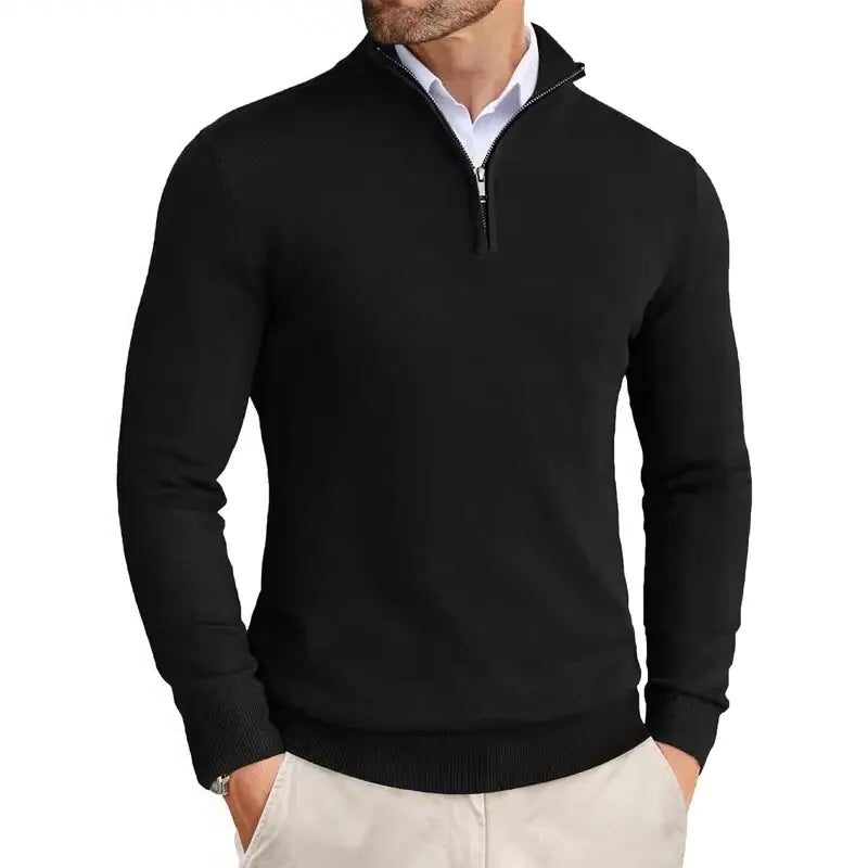 Slim Fit Ribbed Half-Zip Sweater with Stand Collar for Men