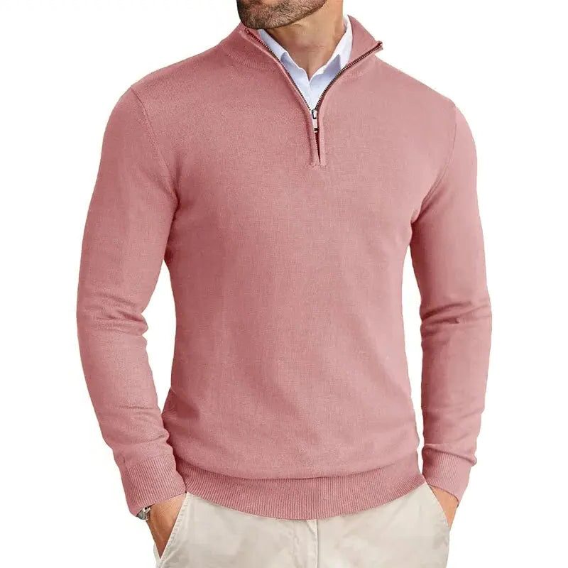 Slim Fit Ribbed Half-Zip Sweater with Stand Collar for Men
