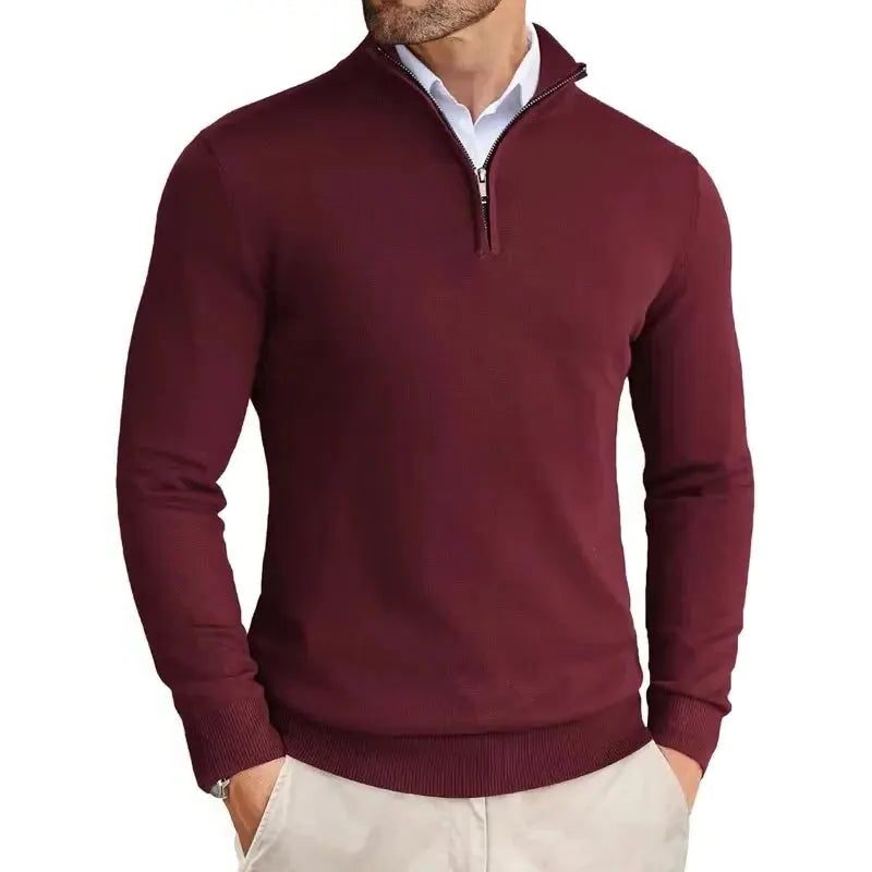Slim Fit Ribbed Half-Zip Sweater with Stand Collar for Men