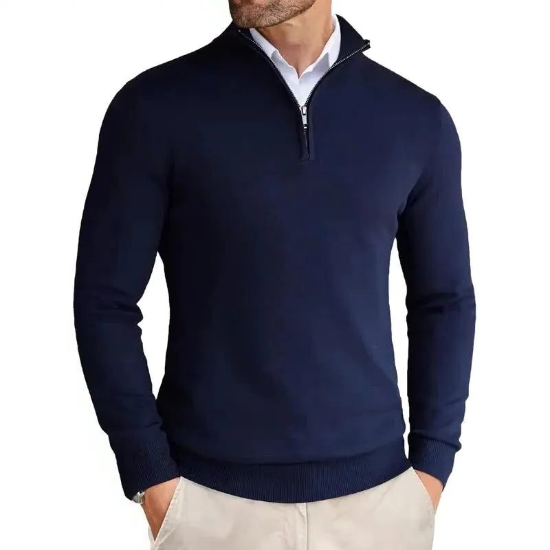 Slim Fit Ribbed Half-Zip Sweater with Stand Collar for Men