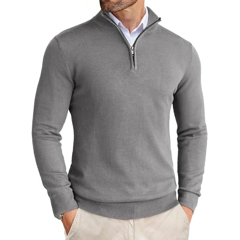 Slim Fit Ribbed Half-Zip Sweater with Stand Collar for Men