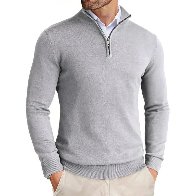 Slim Fit Ribbed Half-Zip Sweater with Stand Collar for Men