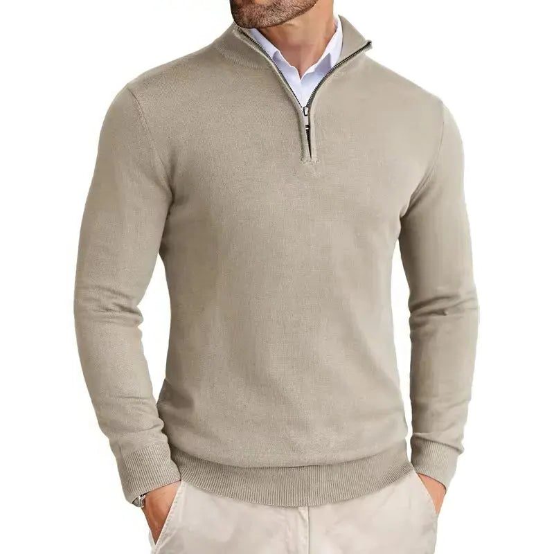 Slim Fit Ribbed Half-Zip Sweater with Stand Collar for Men
