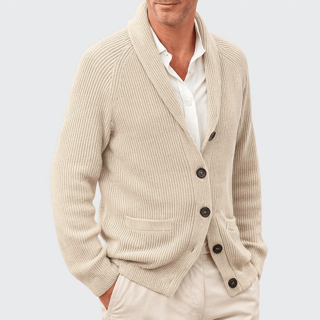 Ribbed Knit Button-Up Cardigan with Lapel Collar for Men